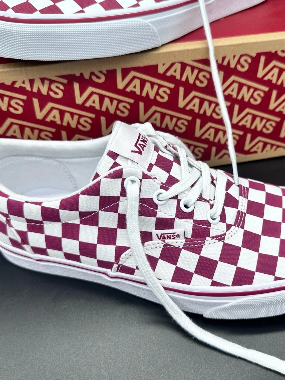 Size 9.5 Vans Doheny Checkerboard Women’s Burgundy Red White Canvas Skate Shoes